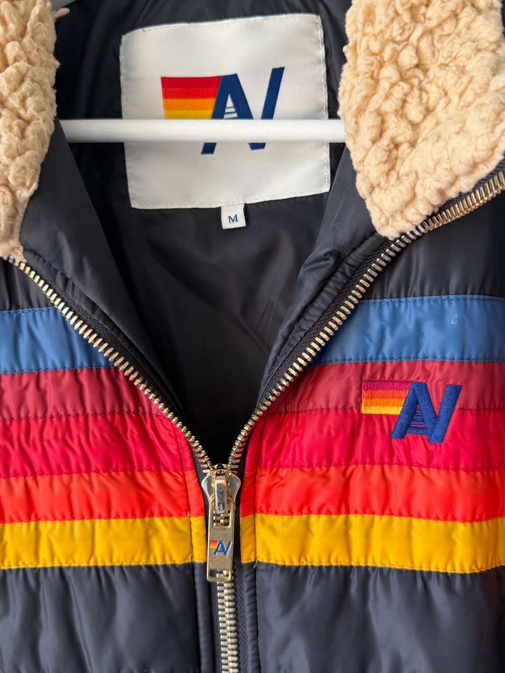 Aviator Nation Women’s Quilted Jacket with Multicolor Stripe and Sherpa Collar - Picture 2 of 5